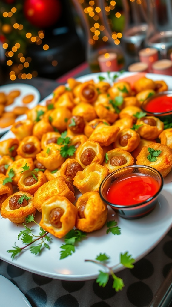 A colorful assortment of crispy appetizer snacks on a platter with dipping sauce, perfect for a party.
